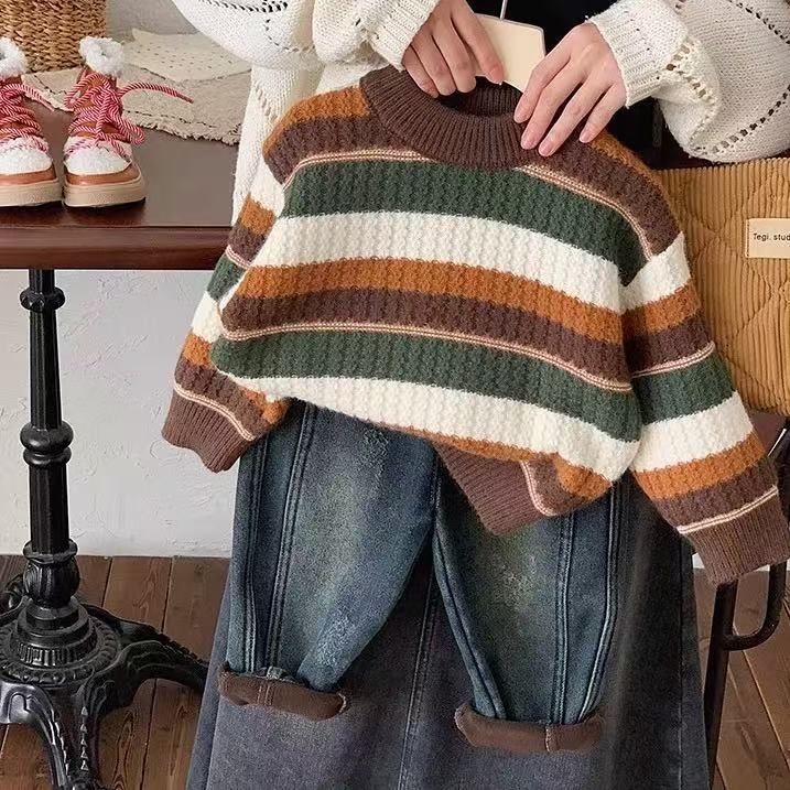 Bērnu svītrainais adītais džemperis, kokvilnas materiāls, biezs un silts, apaļa kakla, garas piedurknes, ziemas modelis