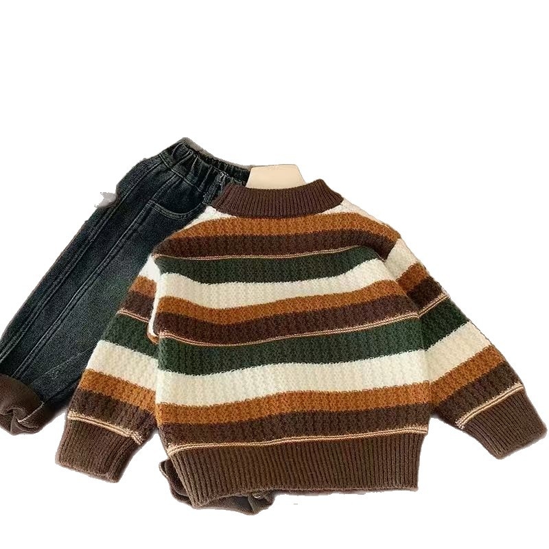Bērnu svītrainais adītais džemperis, kokvilnas materiāls, biezs un silts, apaļa kakla, garas piedurknes, ziemas modelis