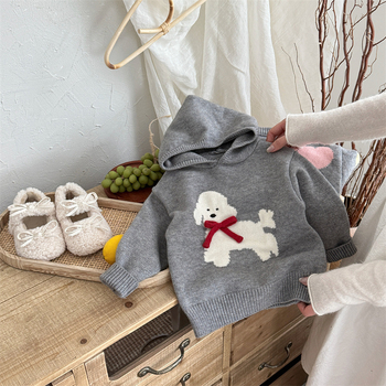 Bērnu kapucēts adīts džemperis – korejiešu stils, suņa raksts, akrila maisījums, vecums 3–8 gadi, rudens–ziemas 2025