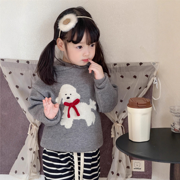 Bērnu kapucēts adīts džemperis – korejiešu stils, suņa raksts, akrila maisījums, vecums 3–8 gadi, rudens–ziemas 2025