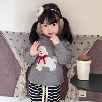 Bērnu kapucēts adīts džemperis – korejiešu stils, suņa raksts, akrila maisījums, vecums 3–8 gadi, rudens–ziemas 2025