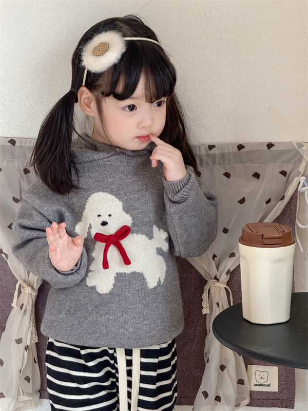 Bērnu kapucēts adīts džemperis – korejiešu stils, suņa raksts, akrila maisījums, vecums 3–8 gadi, rudens–ziemas 2025