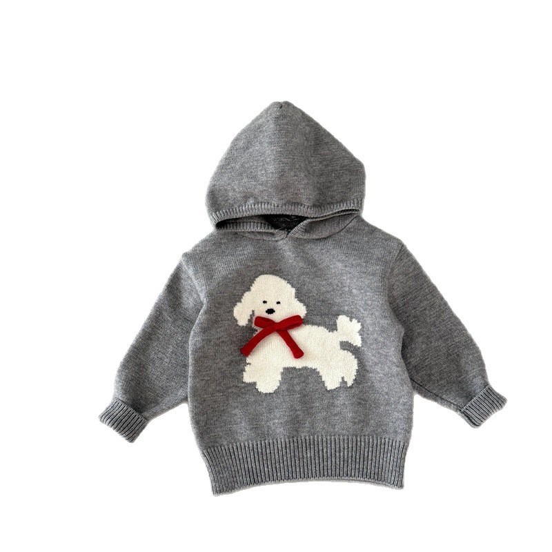 Bērnu kapucēts adīts džemperis – korejiešu stils, suņa raksts, akrila maisījums, vecums 3–8 gadi, rudens–ziemas 2025