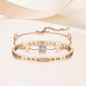 Sieviešu rokassprādze – titāna tērauds, diamanētu apdare, romiešu ciparu dizains, influencer stils, Zhirou zīmols