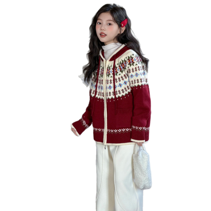 Cardigan tricotat din bumbac pentru fetițe, cu glugă, fermoar frontal, model Cartoon, colecția de iarnă 2025