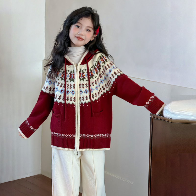 Cardigan tricotat din bumbac pentru fetițe, cu glugă, fermoar frontal, model Cartoon, colecția de iarnă 2025