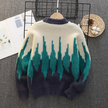 Bērnu biezs adīts džemperis zēniem, ar apaļu kaklu, garām piedurknēm, svītrainā rakstā, Vinylon audums, ziemas sezona