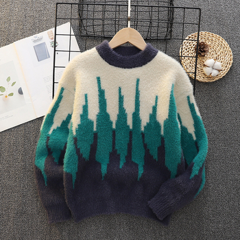 Bērnu biezs adīts džemperis zēniem, ar apaļu kaklu, garām piedurknēm, svītrainā rakstā, Vinylon audums, ziemas sezona