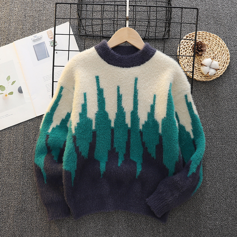 Bērnu biezs adīts džemperis zēniem, ar apaļu kaklu, garām piedurknēm, svītrainā rakstā, Vinylon audums, ziemas sezona