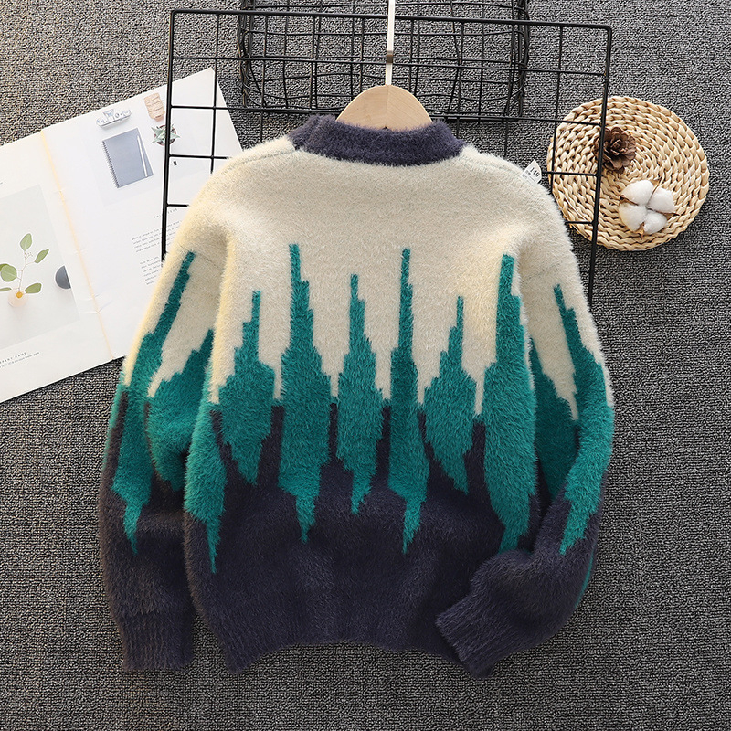 Bērnu biezs adīts džemperis zēniem, ar apaļu kaklu, garām piedurknēm, svītrainā rakstā, Vinylon audums, ziemas sezona