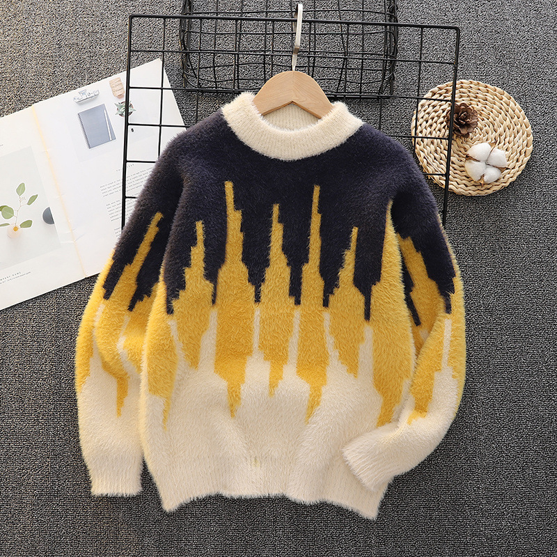 Bērnu biezs adīts džemperis zēniem, ar apaļu kaklu, garām piedurknēm, svītrainā rakstā, Vinylon audums, ziemas sezona