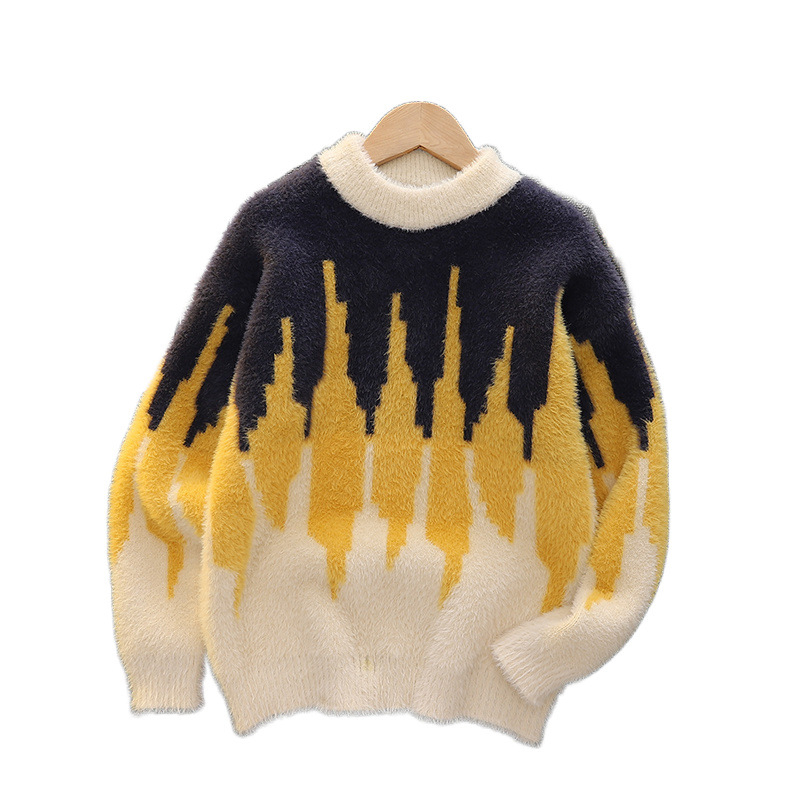 Bērnu biezs adīts džemperis zēniem, ar apaļu kaklu, garām piedurknēm, svītrainā rakstā, Vinylon audums, ziemas sezona