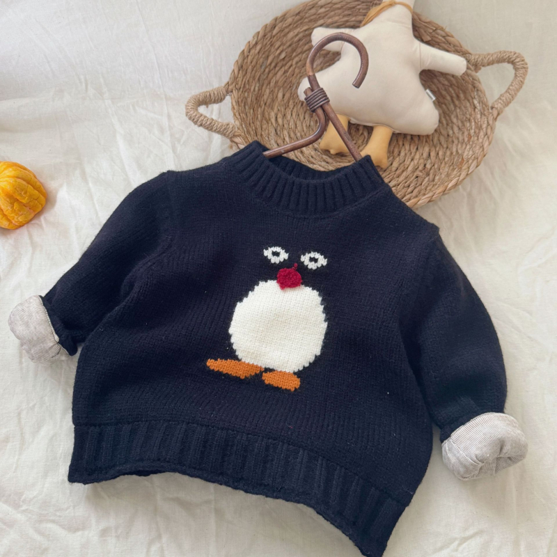 Bērnu džemperis ar dubultslāņu adītu apkakli un pingvīnu motīvu, universāls, ziemas 2025