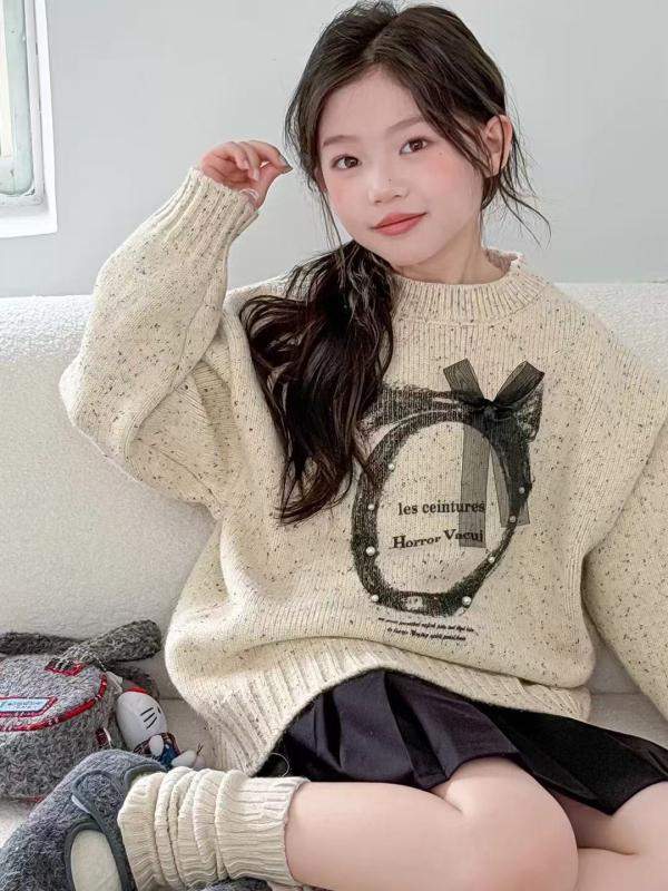 Pulover pentru fete, stil coreean, iarnă, cu fleece gros, poliester, mâneci lungi, guler rotund