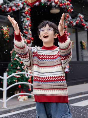 Dječji pleteni džemper s panda motivom - okrugli izrez, dugi rukavi, debela mješavina vlakana (akril/poliester/nylon), zima 2025, za visinu 140 cm+ (8+ godina), ležerni stil