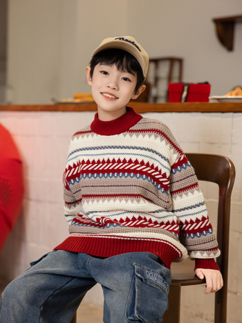 Dječji pleteni džemper s panda motivom - okrugli izrez, dugi rukavi, debela mješavina vlakana (akril/poliester/nylon), zima 2025, za visinu 140 cm+ (8+ godina), ležerni stil