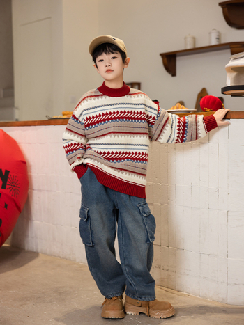 Dječji pleteni džemper s panda motivom - okrugli izrez, dugi rukavi, debela mješavina vlakana (akril/poliester/nylon), zima 2025, za visinu 140 cm+ (8+ godina), ležerni stil