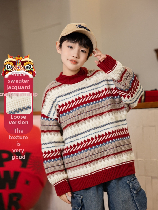 Dječji pleteni džemper s panda motivom - okrugli izrez, dugi rukavi, debela mješavina vlakana (akril/poliester/nylon), zima 2025, za visinu 140 cm+ (8+ godina), ležerni stil