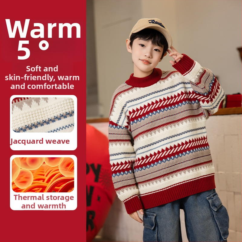 Dječji pleteni džemper s panda motivom - okrugli izrez, dugi rukavi, debela mješavina vlakana (akril/poliester/nylon), zima 2025, za visinu 140 cm+ (8+ godina), ležerni stil