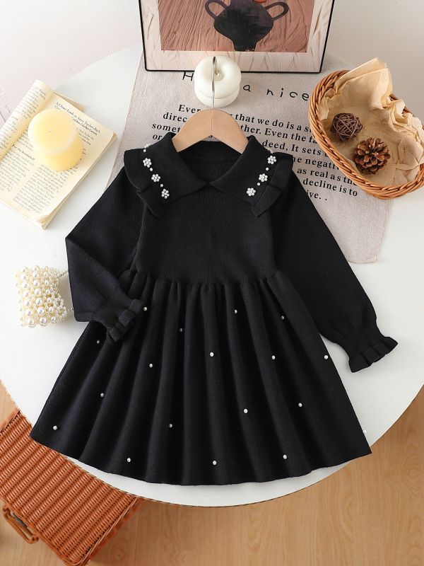 Dječja pletena haljina-sviter s perlicama, okrugli ovratnik, dugi rukavi, viskozna 50%, uzrast 3–8 godina