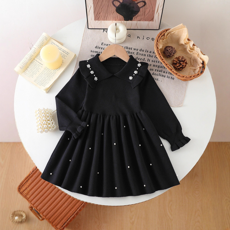 Dječja pletena haljina-sviter s perlicama, okrugli ovratnik, dugi rukavi, viskozna 50%, uzrast 3–8 godina