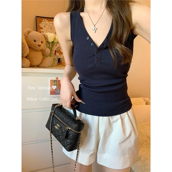 Γυναικείος καμισολ με V-λαιμό, χωρίς μανίκια, αποσπώμενες τιράντες, 2x2 προσαρμόσιμα κουμπιά, στυλ Α-γραμμή sling, πολυεστέρας ≥95%, άνοιξη-καλοκαίρι 2025