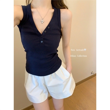 Γυναικείος καμισολ με V-λαιμό, χωρίς μανίκια, αποσπώμενες τιράντες, 2x2 προσαρμόσιμα κουμπιά, στυλ Α-γραμμή sling, πολυεστέρας ≥95%, άνοιξη-καλοκαίρι 2025