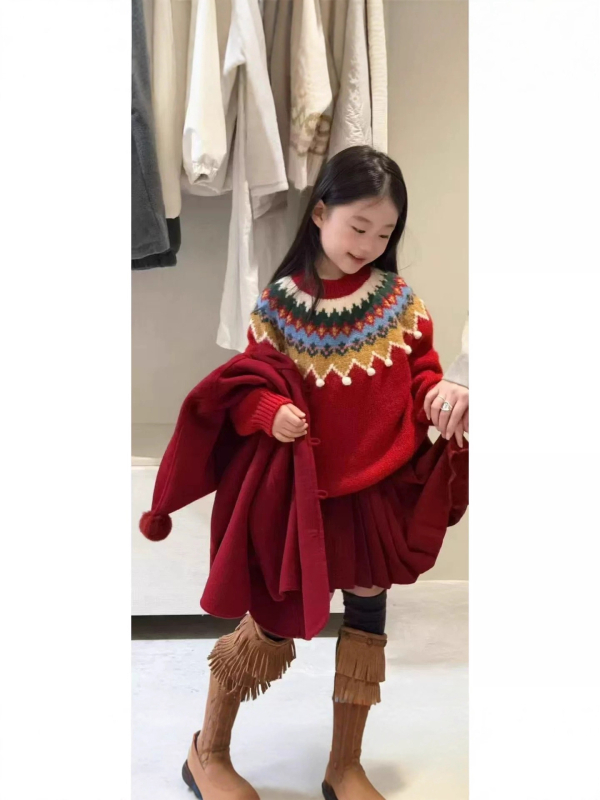 Dječji debeli pleteni pulover, 85% akril, zima, dugi rukavi, okrugli ovratnik