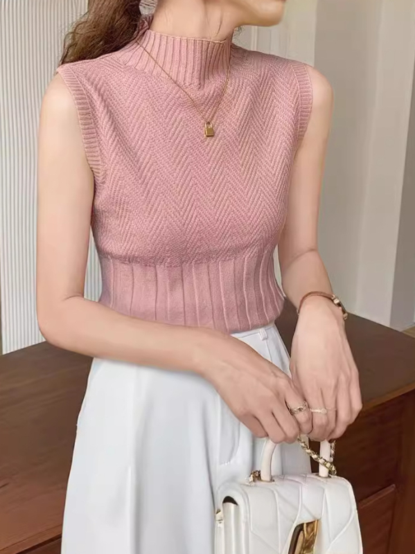 Ženski pleteni top bez rukava s polu-visokim ovratnikom, uski kroj, kratka duljina, Ice Silk materijal, poliester 30–50%