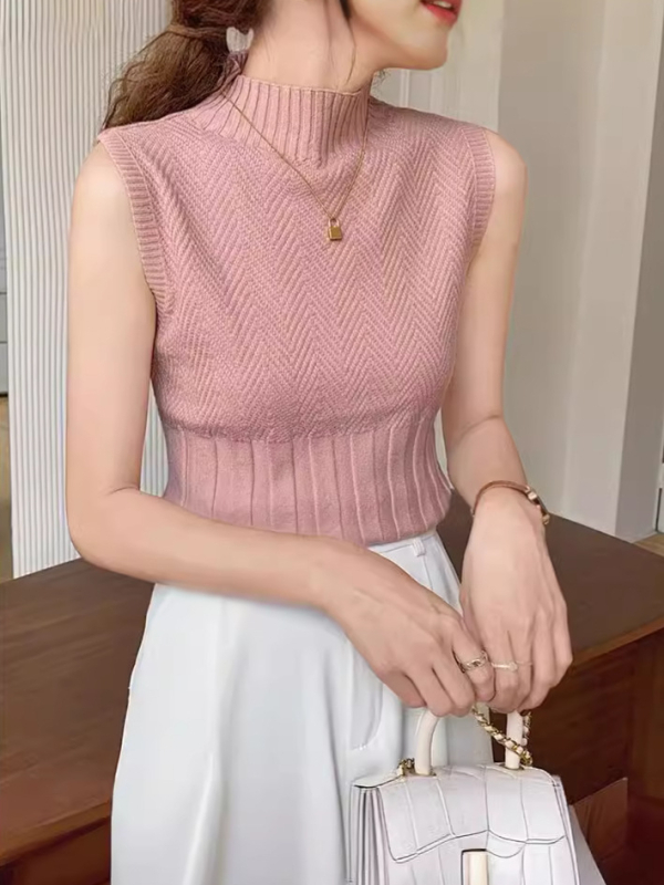 Ženski pleteni top bez rukava s polu-visokim ovratnikom, uski kroj, kratka duljina, Ice Silk materijal, poliester 30–50%