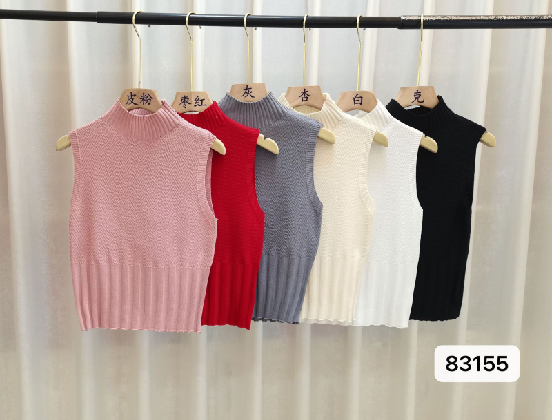 Ženski pleteni top bez rukava s polu-visokim ovratnikom, uski kroj, kratka duljina, Ice Silk materijal, poliester 30–50%