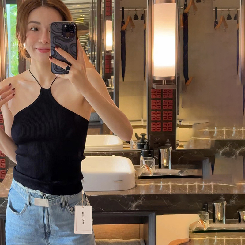 Ženski pleteni top bez rukava - sling stil, korejski stil, ravni cjevasti kroj, prugasti uzorak, pamuk >95%