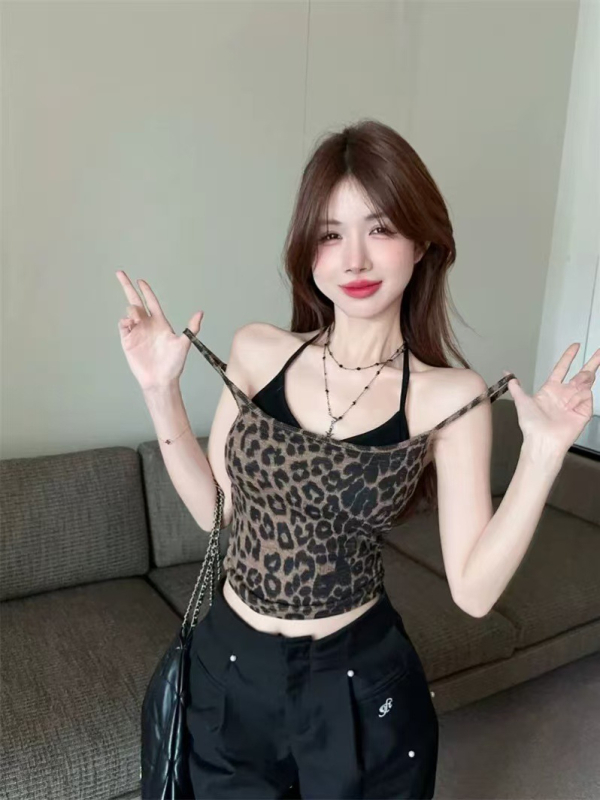 Leopard uzorak cami top s naramenicama - uski kroj, kratka duljina, viskozno vlakno, za žene