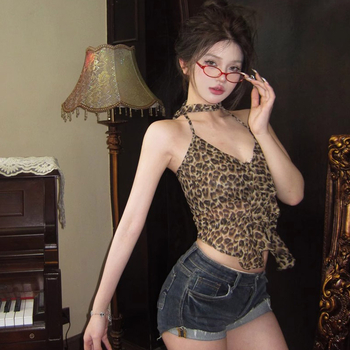 Leopárd mintás cami felső, Slim fit, Rövid fazon, Poliészter, Dupla pánt, Tavasz 2025