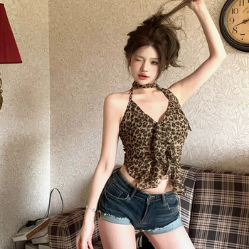 Leopárd mintás cami felső, Slim fit, Rövid fazon, Poliészter, Dupla pánt, Tavasz 2025