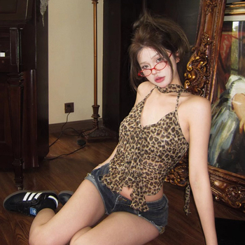 Leopárd mintás cami felső, Slim fit, Rövid fazon, Poliészter, Dupla pánt, Tavasz 2025