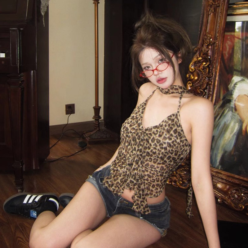 Leopárd mintás cami felső, Slim fit, Rövid fazon, Poliészter, Dupla pánt, Tavasz 2025