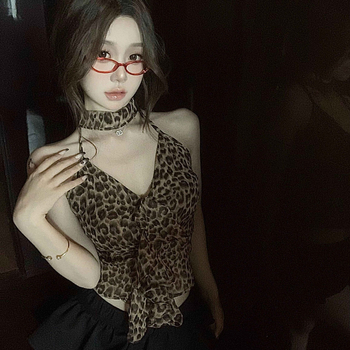 Leopard uzorak, halter top s otvorenim leđima, od najlona, za odrasle žene, proljeće 2025