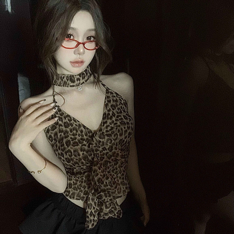 Leopard uzorak, halter top s otvorenim leđima, od najlona, za odrasle žene, proljeće 2025