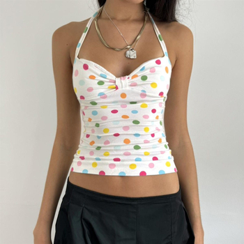 Poliester crop top s odvojivim trakama, A-linijskog kroja, V-izrezom haltera, točkasti uzorak, blaga rastezljivost