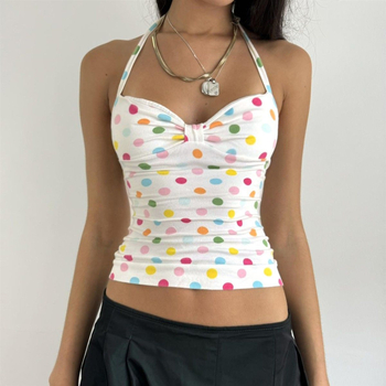 Poliester crop top s odvojivim trakama, A-linijskog kroja, V-izrezom haltera, točkasti uzorak, blaga rastezljivost