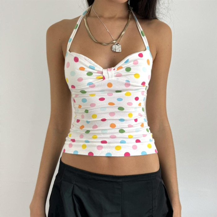 Poliester crop top s odvojivim trakama, A-linijskog kroja, V-izrezom haltera, točkasti uzorak, blaga rastezljivost