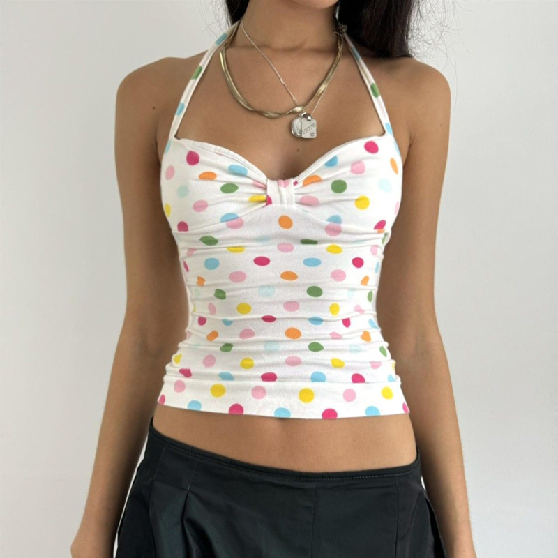 Poliester crop top s odvojivim trakama, A-linijskog kroja, V-izrezom haltera, točkasti uzorak, blaga rastezljivost