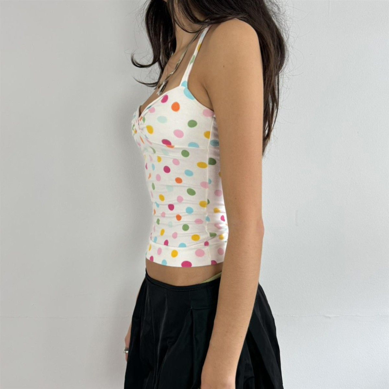 Poliester crop top s odvojivim trakama, A-linijskog kroja, V-izrezom haltera, točkasti uzorak, blaga rastezljivost