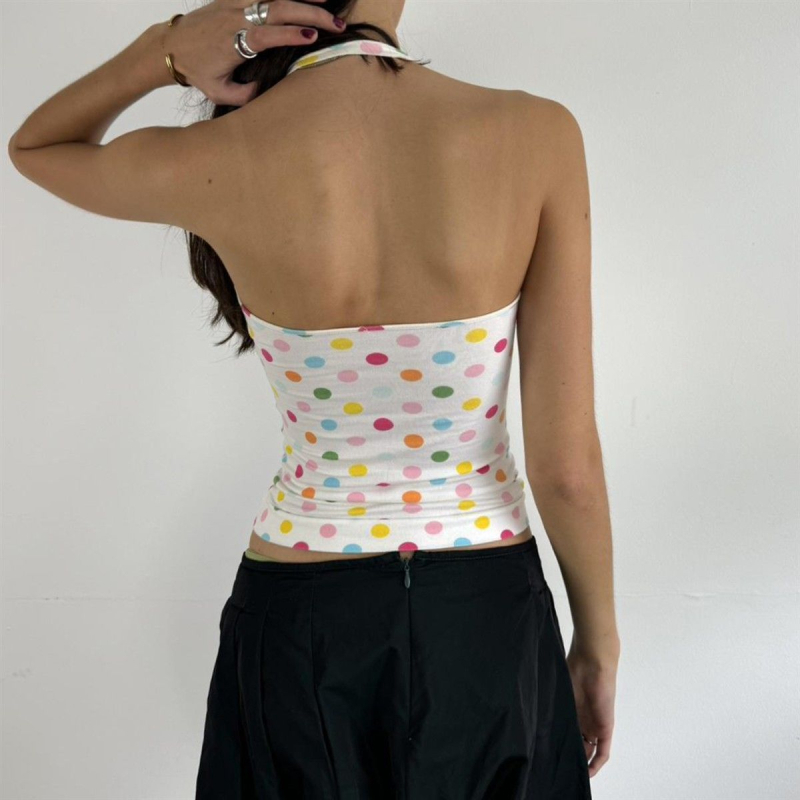 Poliester crop top s odvojivim trakama, A-linijskog kroja, V-izrezom haltera, točkasti uzorak, blaga rastezljivost