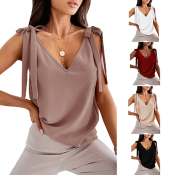 Francuski stil, bez rukava cami s čipkastom mašnicom na ramenima, V izrez, opuštena silueta, poliester, duljina 50–65 cm