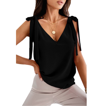 Francuski stil, bez rukava cami s čipkastom mašnicom na ramenima, V izrez, opuštena silueta, poliester, duljina 50–65 cm