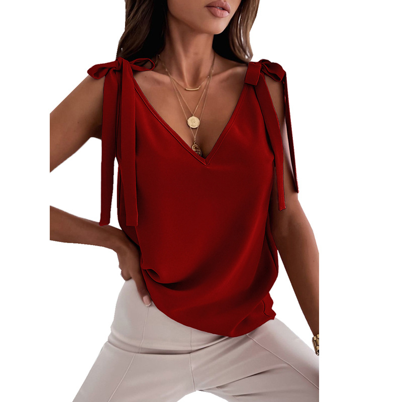 Francuski stil, bez rukava cami s čipkastom mašnicom na ramenima, V izrez, opuštena silueta, poliester, duljina 50–65 cm