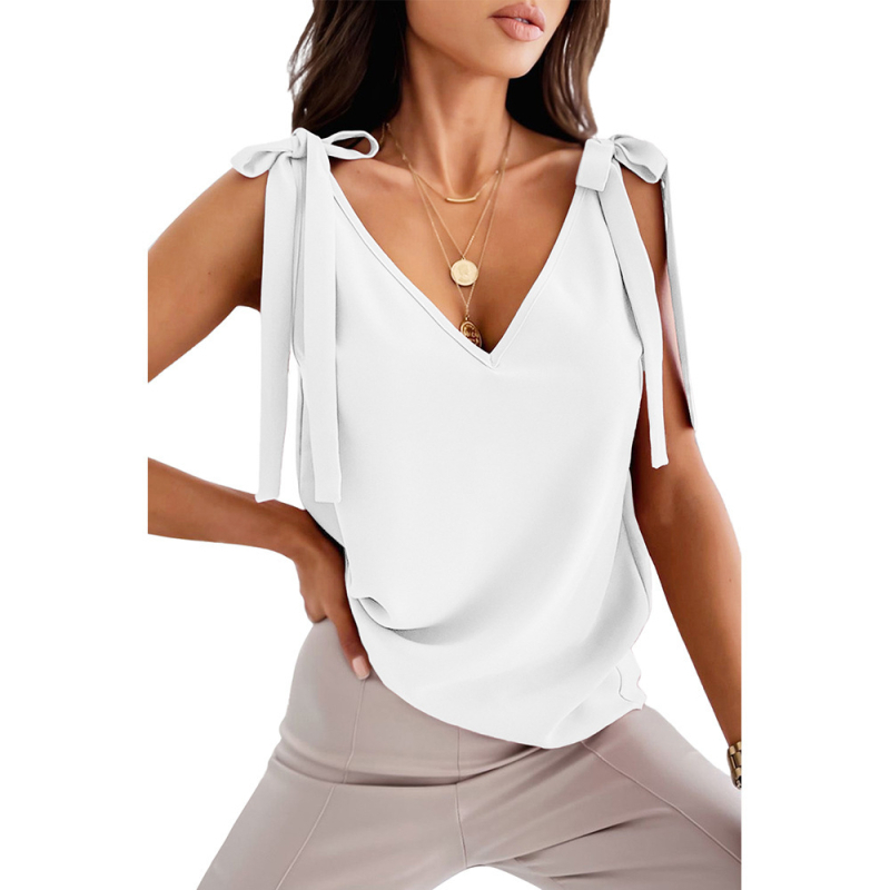 Francuski stil, bez rukava cami s čipkastom mašnicom na ramenima, V izrez, opuštena silueta, poliester, duljina 50–65 cm