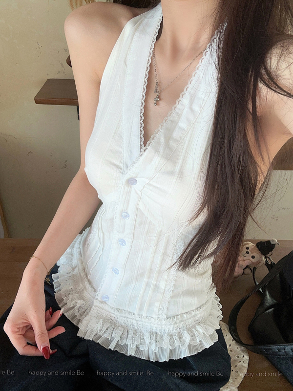 Halter top s čipkom, Slim fit, jednobojni uzorak, ljeto 2025, halter traka